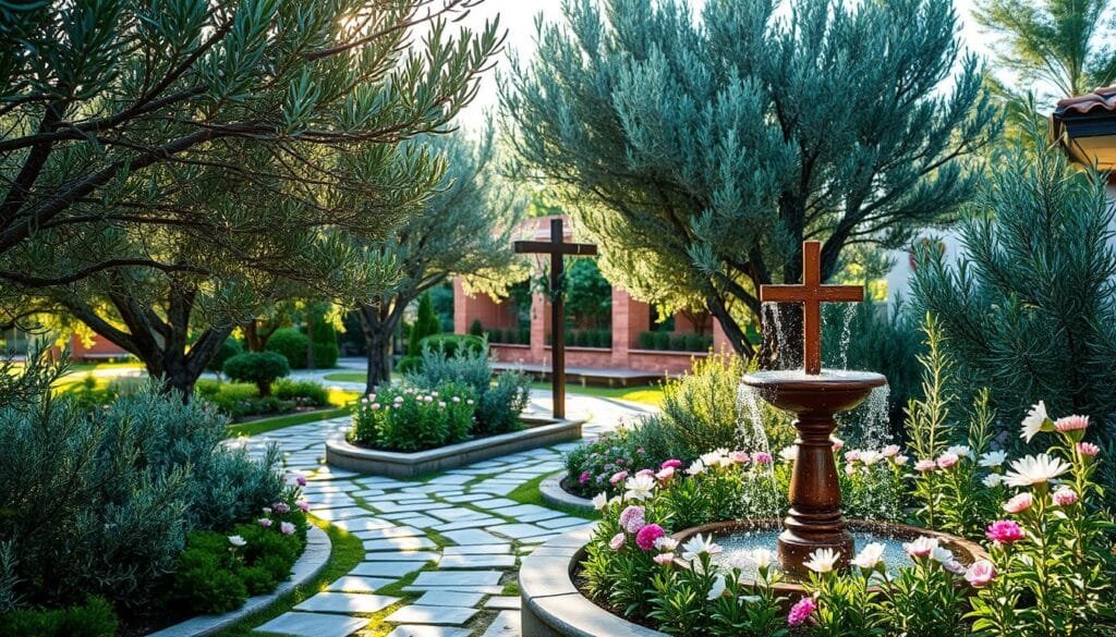 Catholic garden design with olive trees and rosemary Catholic garden design with olive trees and rosemary