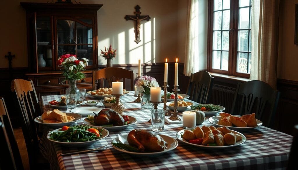 Catholic table blessing during family dinner